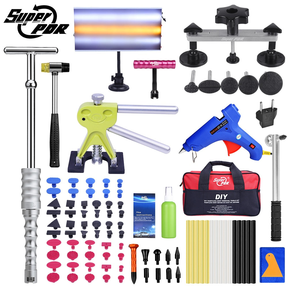 Super PDR Tools Paintless Dent Repair Tool Kit Hot Melt Glue Gun Auto Dent Pullers Suction Cup Dent Pulling Bridge Glue Tabs Set
