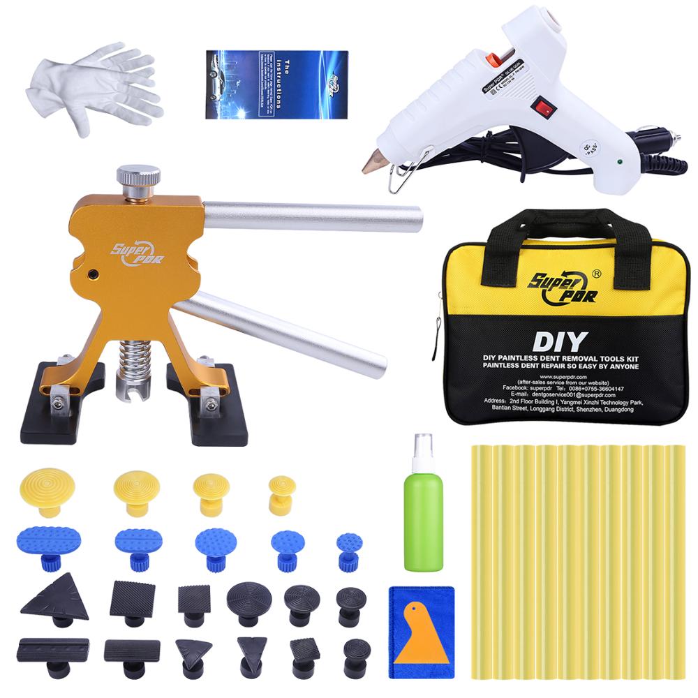 Super PDR Car Body Dent Damage Repair Tools Auto Dent Pullers Suction Cups 12V Hot Melt Glue Guns Glue Sticks Hand Tools Set Bag