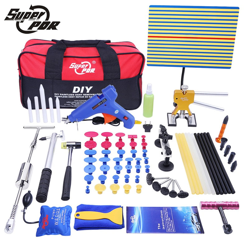 Super PDR Tools Set Paintless Dent Repair Car Dent Removal Reflector Board dent puller Slide Hammer glue gun Hail Removal tools
